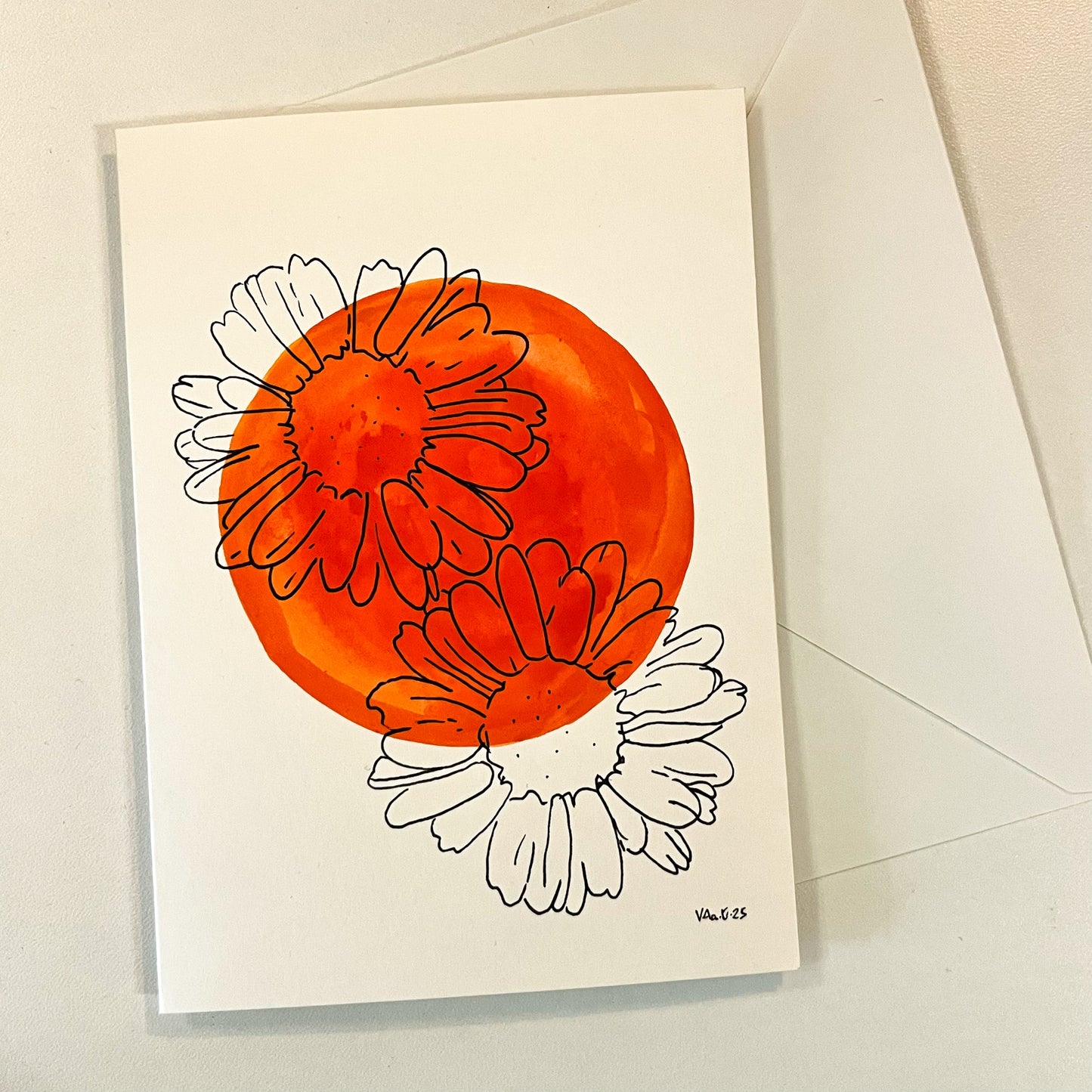 Blomster i oransje sirkel, håndlaget dobbelt kort